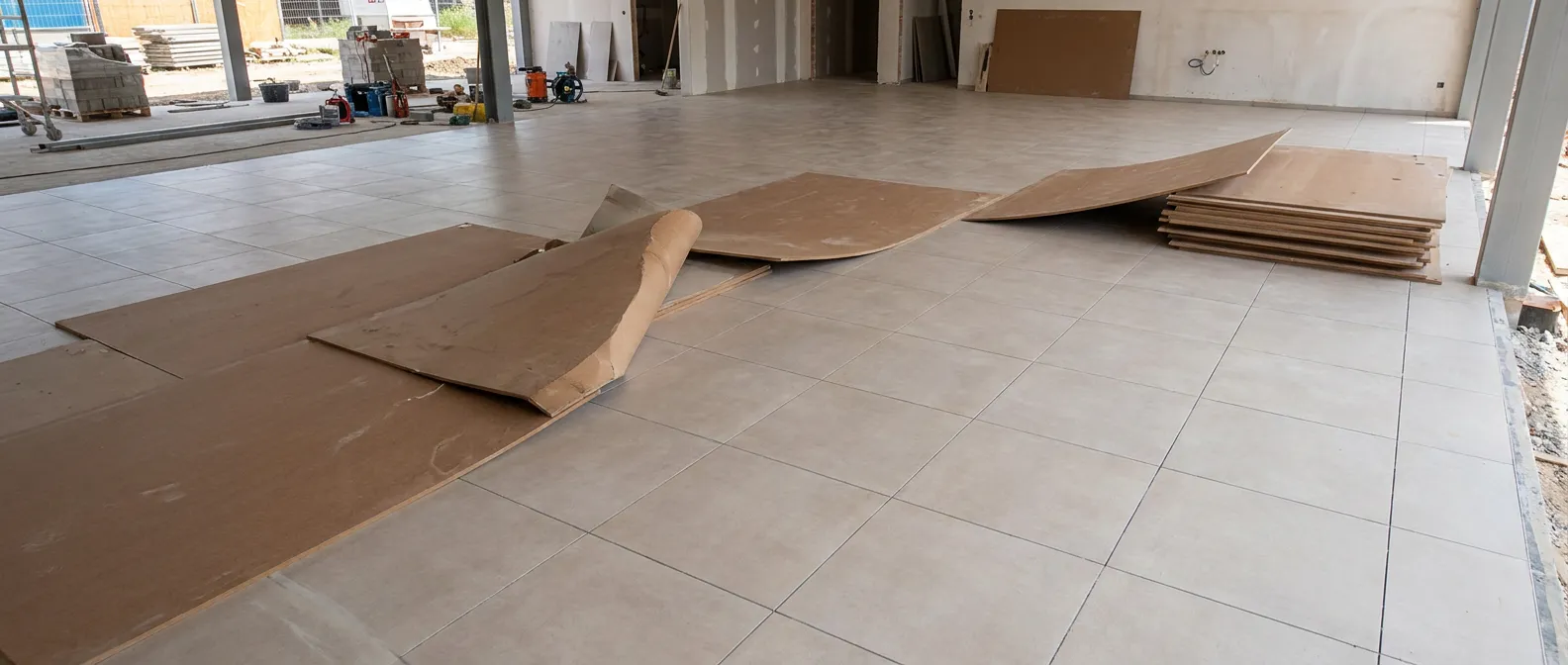 Chantier de carrelage livré, protections en cours de retrait